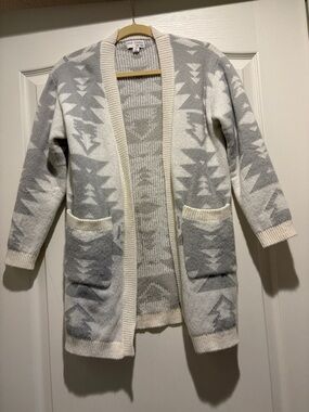 Open-Front Aztec Knit Cardigan Sweater - Gray & Cream